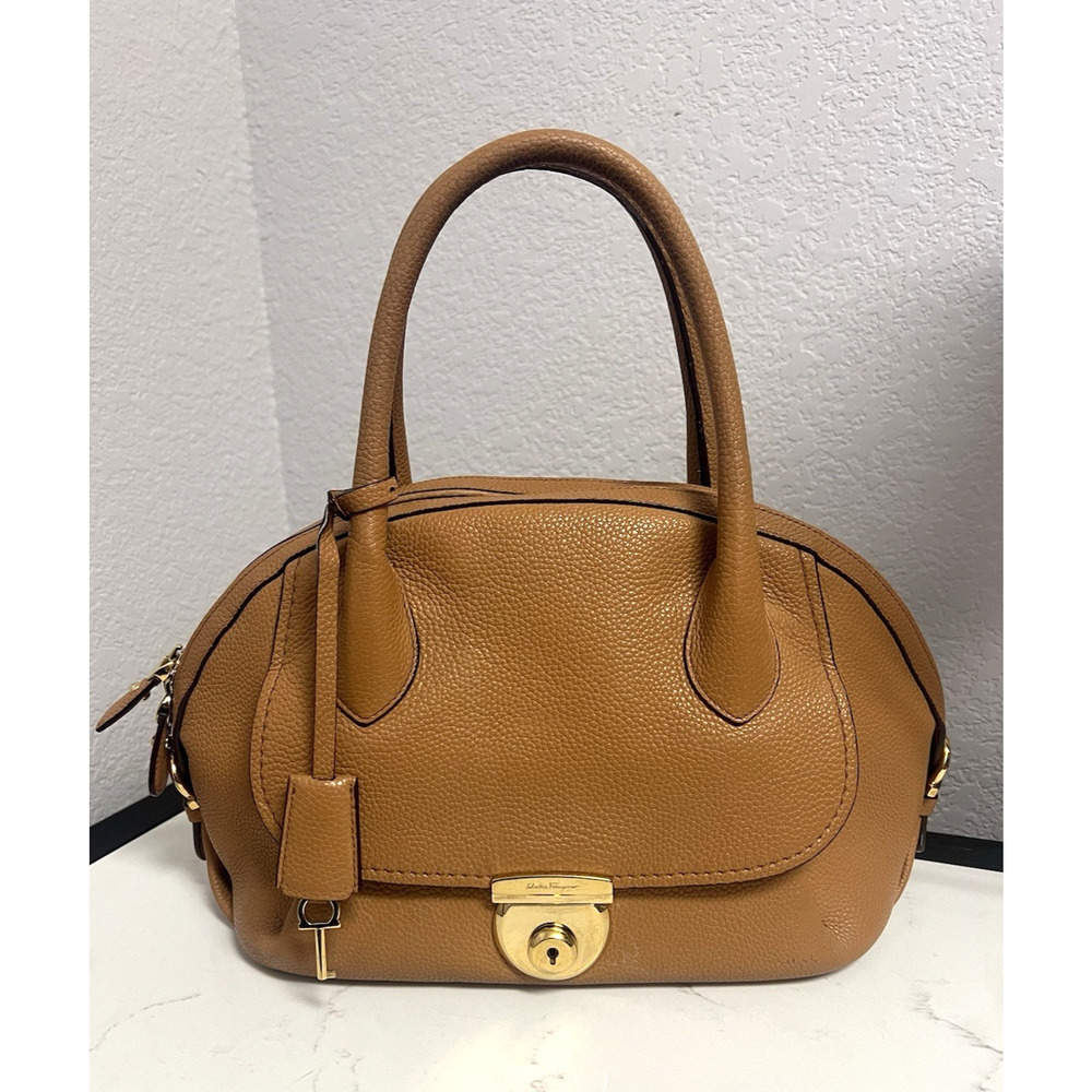 Salvatore Ferragamo Fiamma Satchel Bag, Tan Pebbled Leather, Gold-Tone Hardware